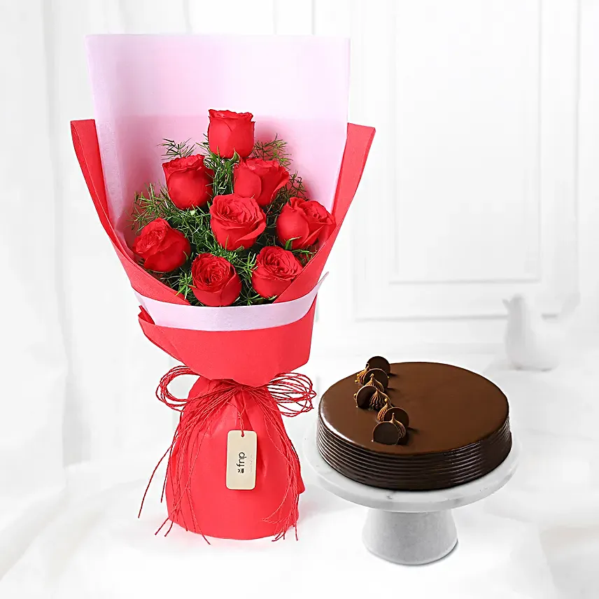 Red Roses Bouquet With Truffle Cake Combo