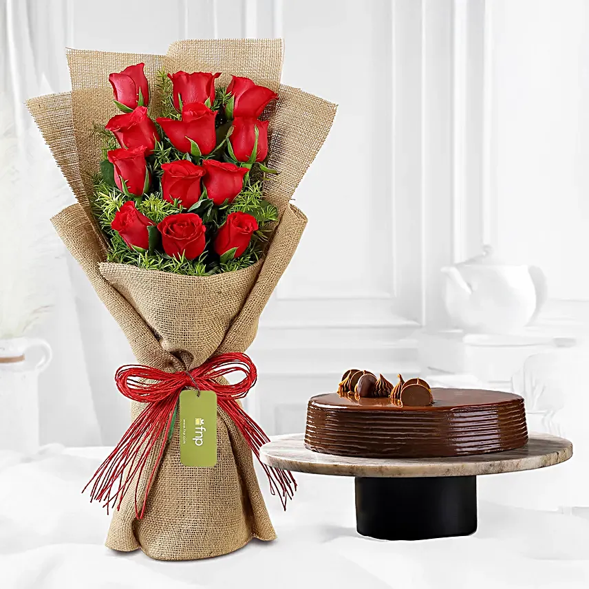 Multi Layered Red Roses with Truffle Cake Online