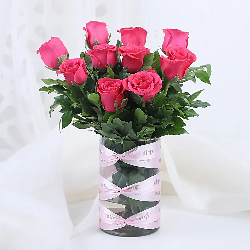 pink roses in attractive vase with truffle cake combo