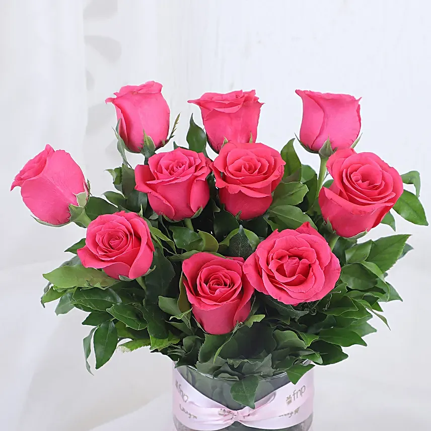 pink roses in attractive vase with truffle cake combo