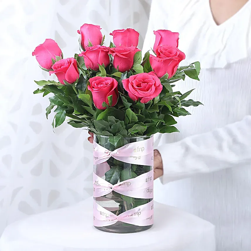 pink roses in attractive vase with truffle cake combo