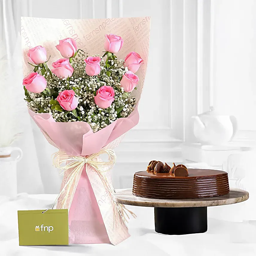 Dreamy Pink Roses Bouquet with Truffle Cake