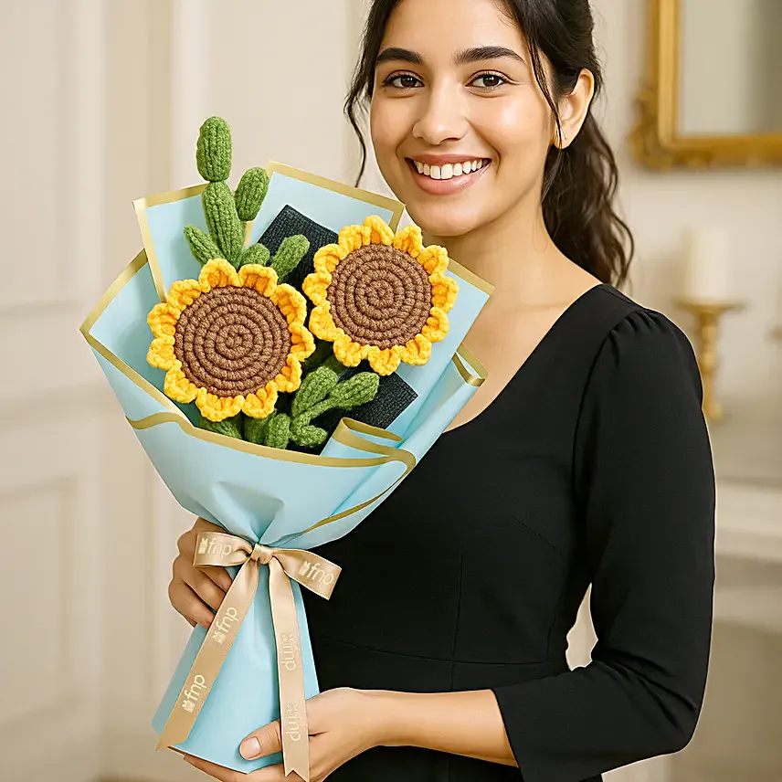Bright Yellow Crochet Sunflower Duo