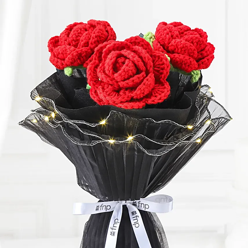Radiant Red Crochet Rose LED Ensemble