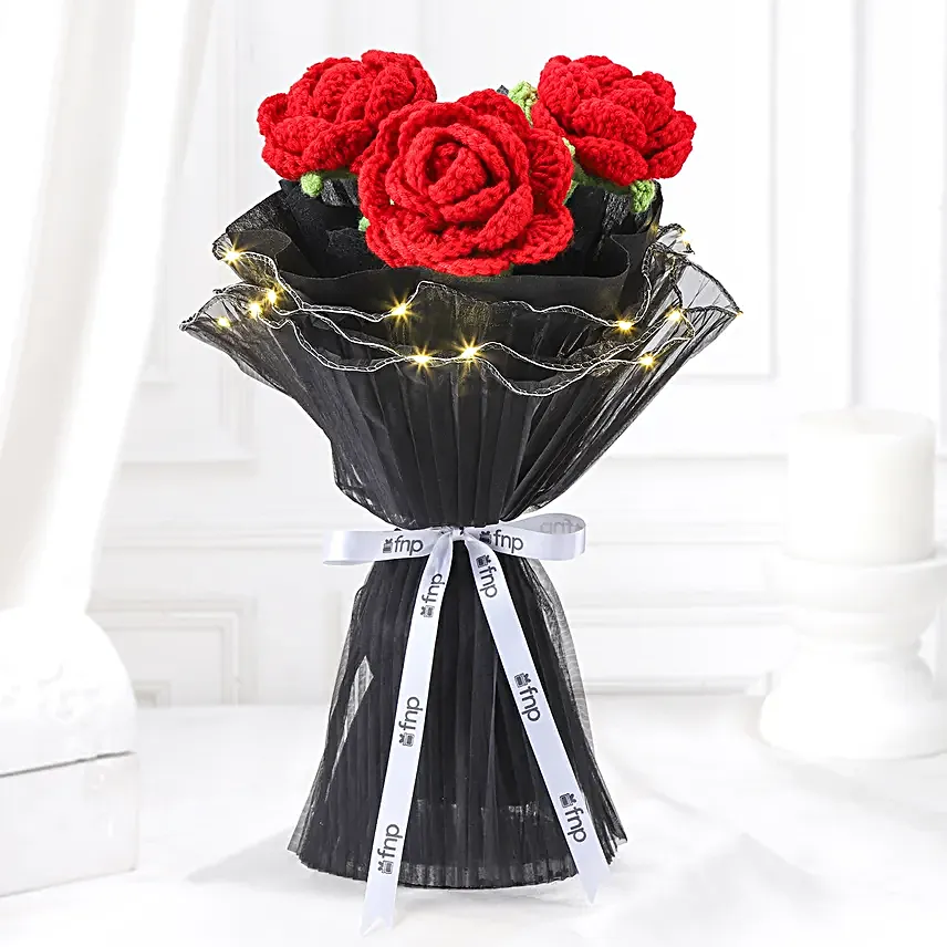 Radiant Red Crochet Rose LED Ensemble