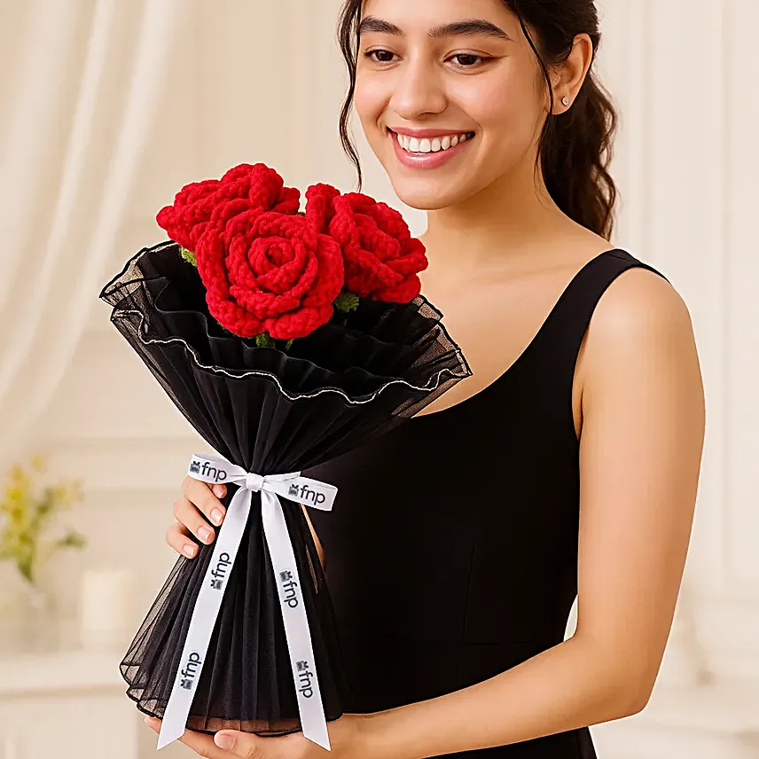 Radiant Red Crochet Rose LED Ensemble