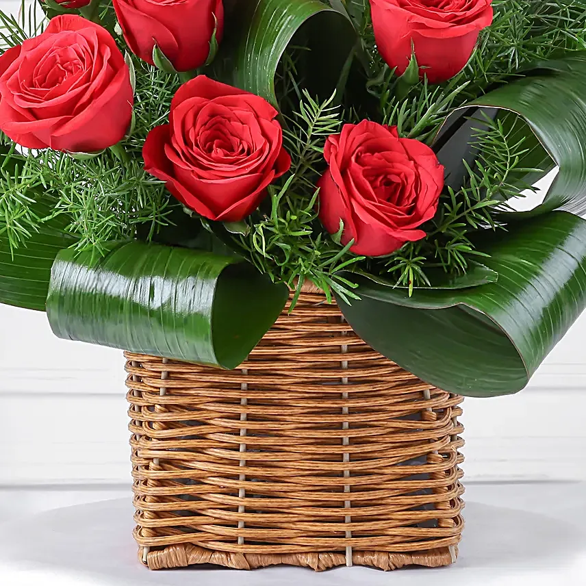 Cane basket arrangement of 15 red roses, draceane leaves and seasonal filler