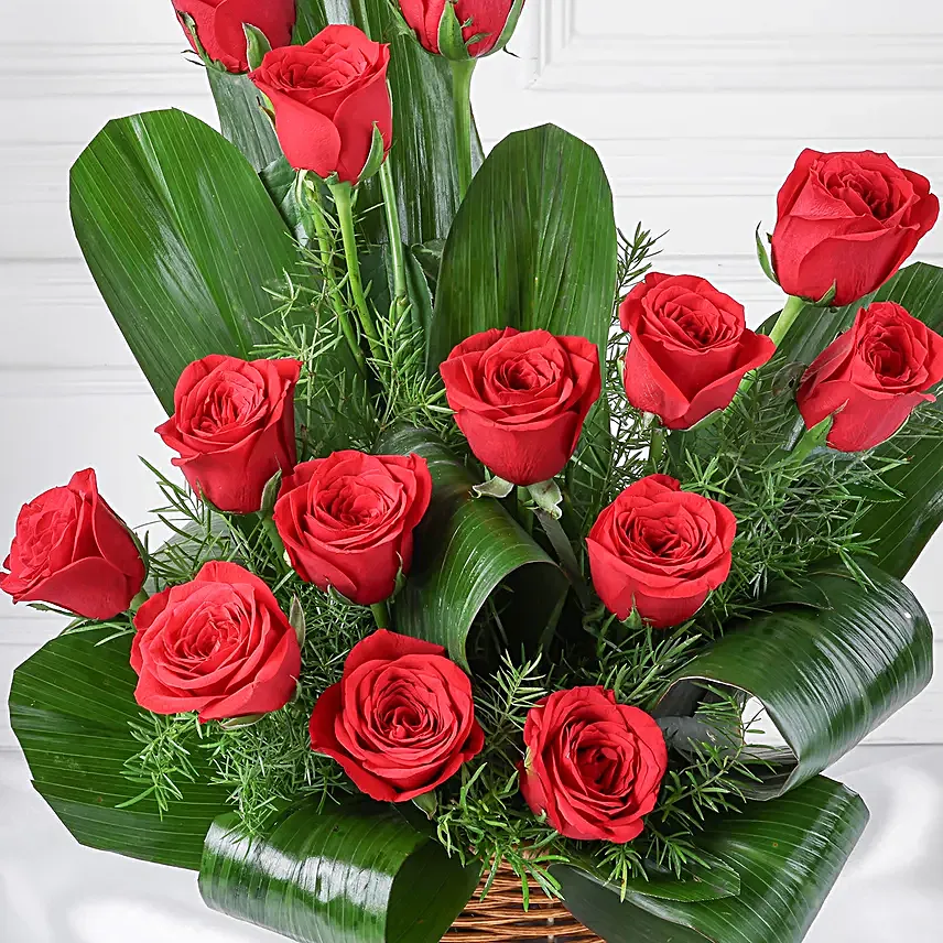 Cane basket arrangement of 15 red roses, draceane leaves and seasonal filler