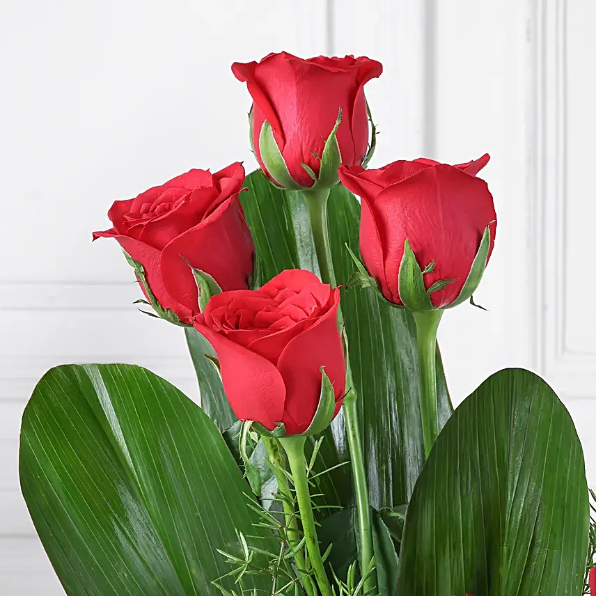 Cane basket arrangement of 15 red roses, draceane leaves and seasonal filler