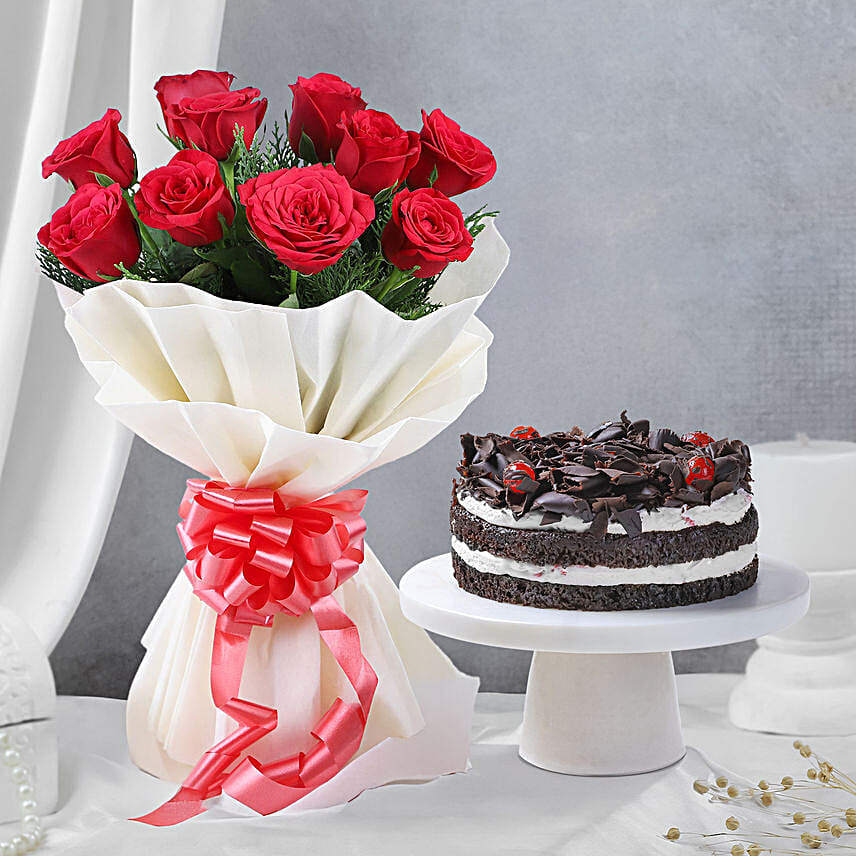 Happy Father's Day Red Rose Bouquet and Eggless Black Forest Cake