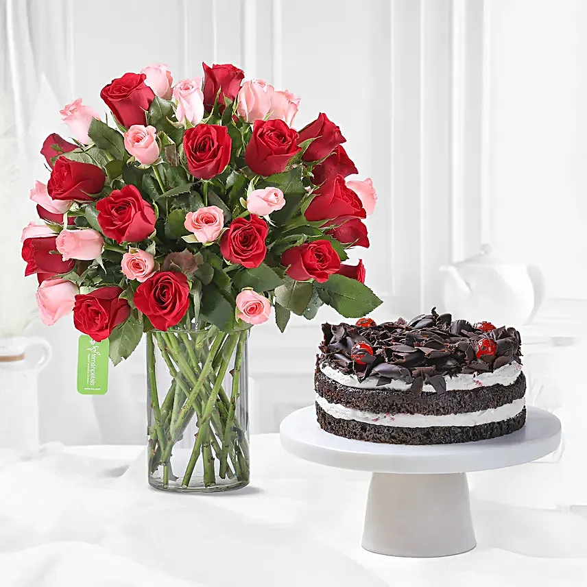 Mix Red n Pink roses with black forest cake