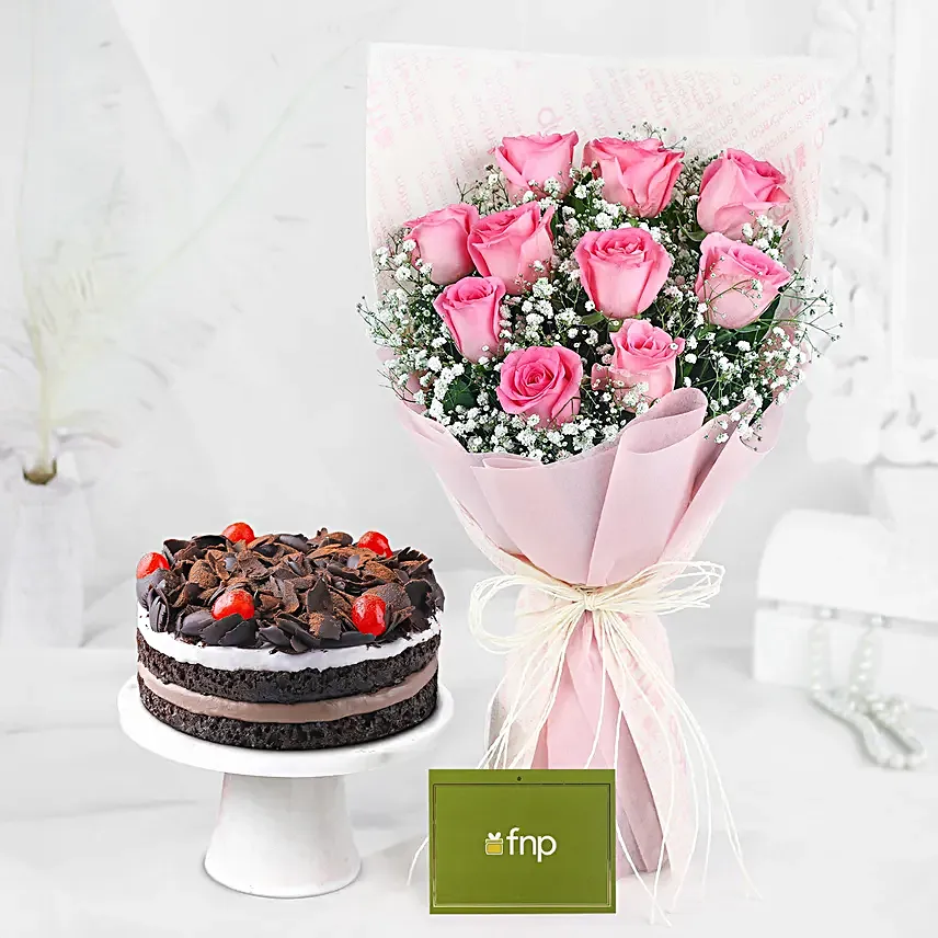 Dreamy Pink Roses Bouquet Black Forest Cake