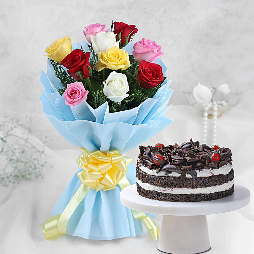 Roses & Black Forest Cake - 500 grams of black forest cake and Bunch of 10 mix colour.