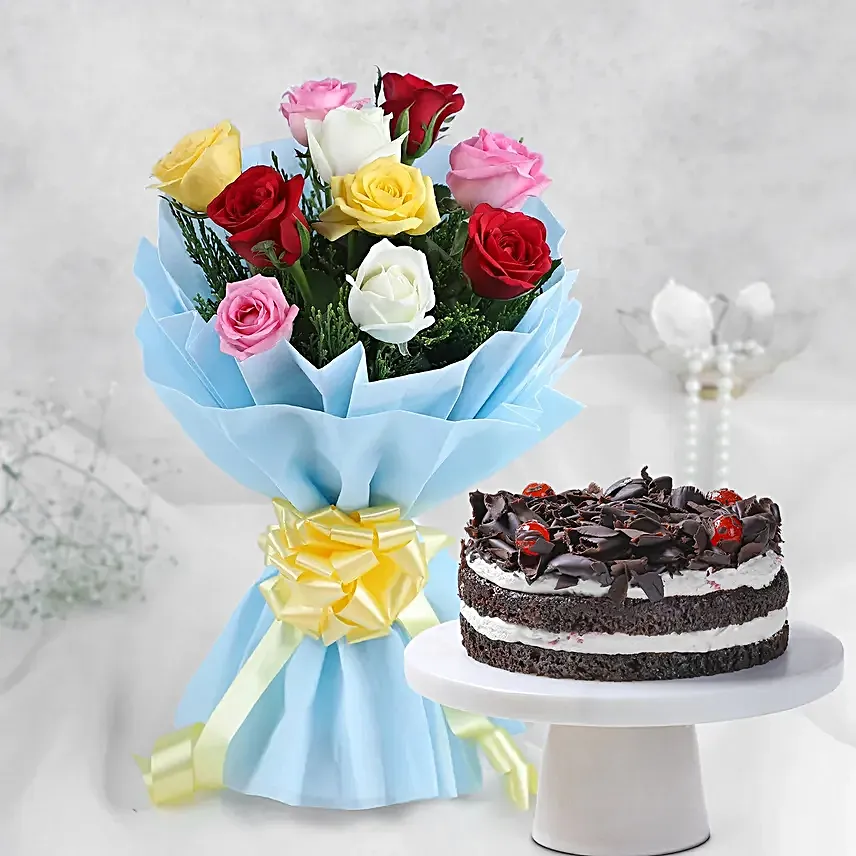 Roses & Black Forest Cake - 500 grams of black forest cake and Bunch of 10 mix colour.