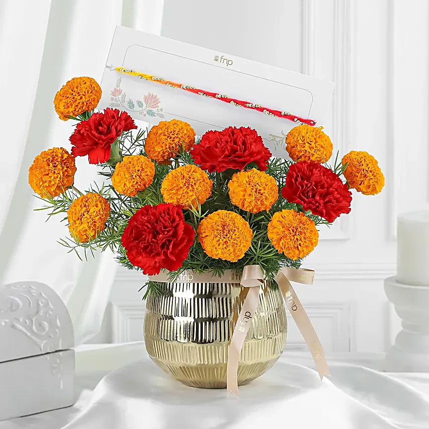 Festive Rakhi Floral Hamper with Chocolates and Evil Eye