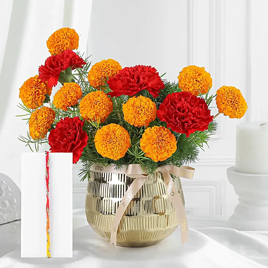 Festive Rakhi Floral Hamper with Chocolates and Evil Eye