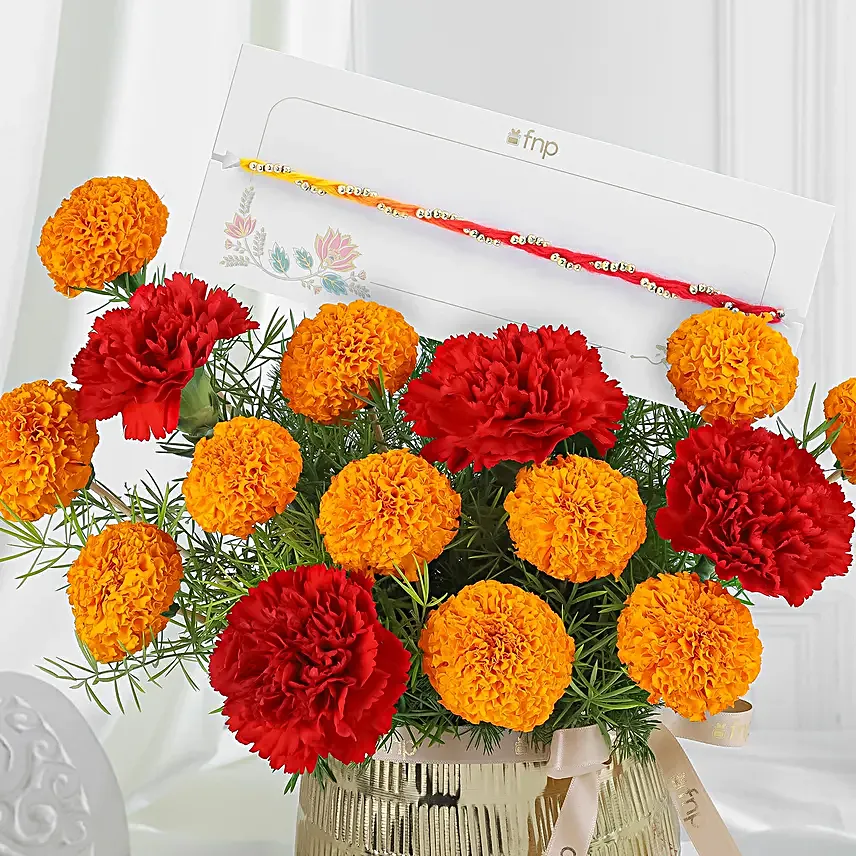 Festive Rakhi Floral Hamper with Chocolates and Evil Eye