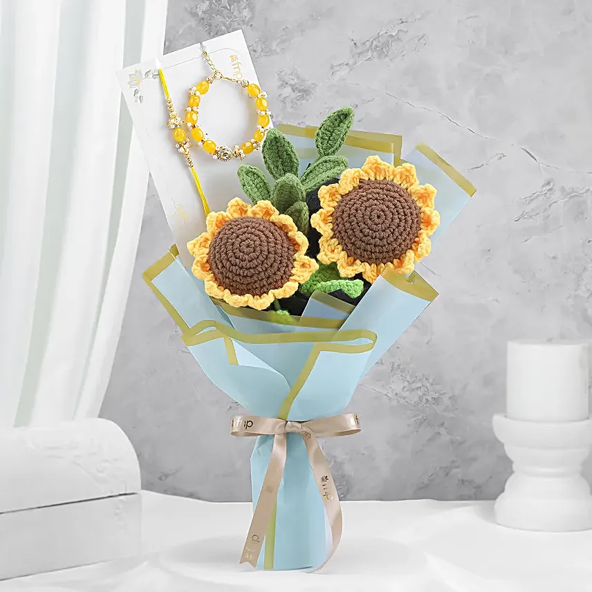 Crochet Sunflower Rakhi Gift with Pearl Rakhi Charm