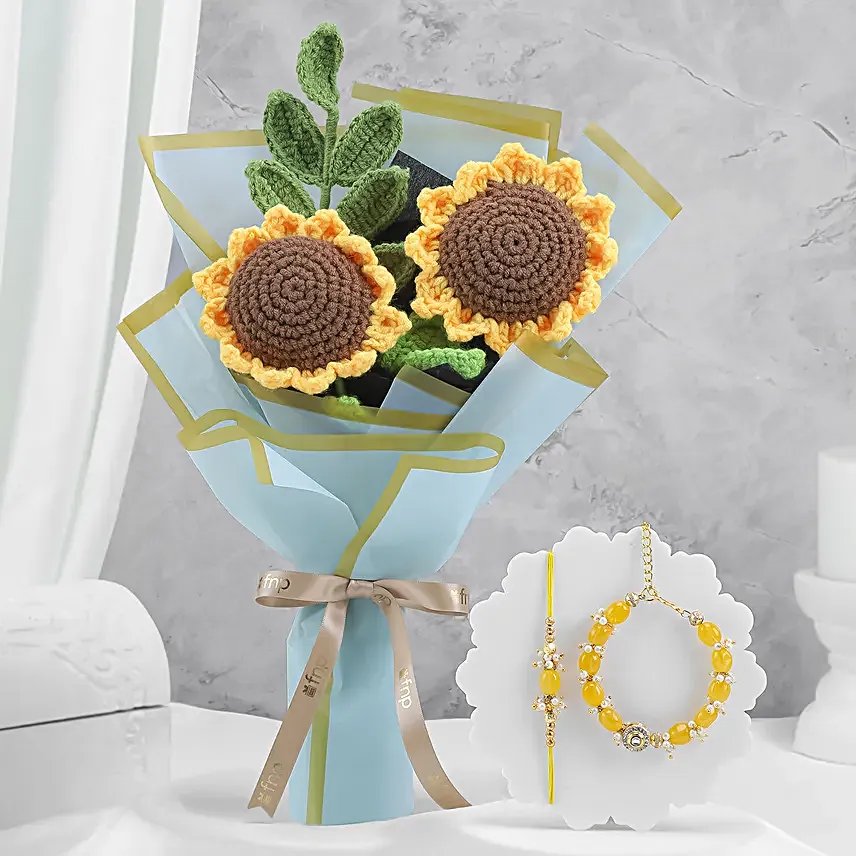 Crochet Sunflower Rakhi Gift with Pearl Rakhi Charm