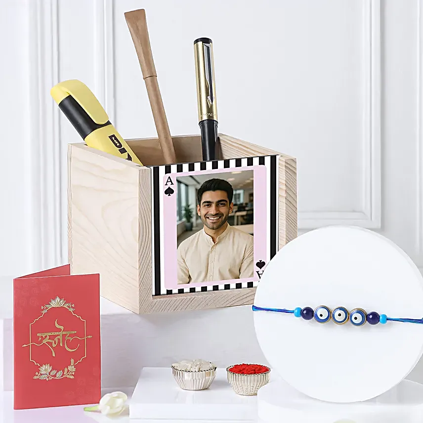 Personalised Desk Organiser N Evil Eye Rakhi Gift