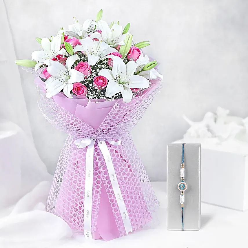 Meenakari Love Bond Rakhi N Good Wishes Rose Bouquet