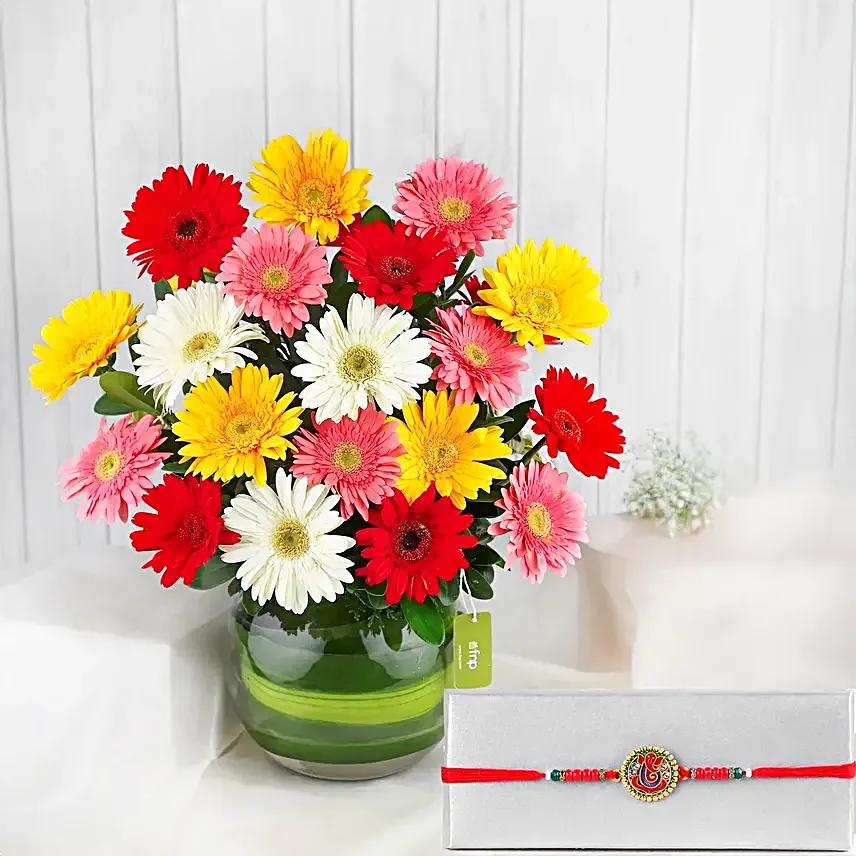 Ganesha Good Omen Rakhi N Colourful Gerberas Vase