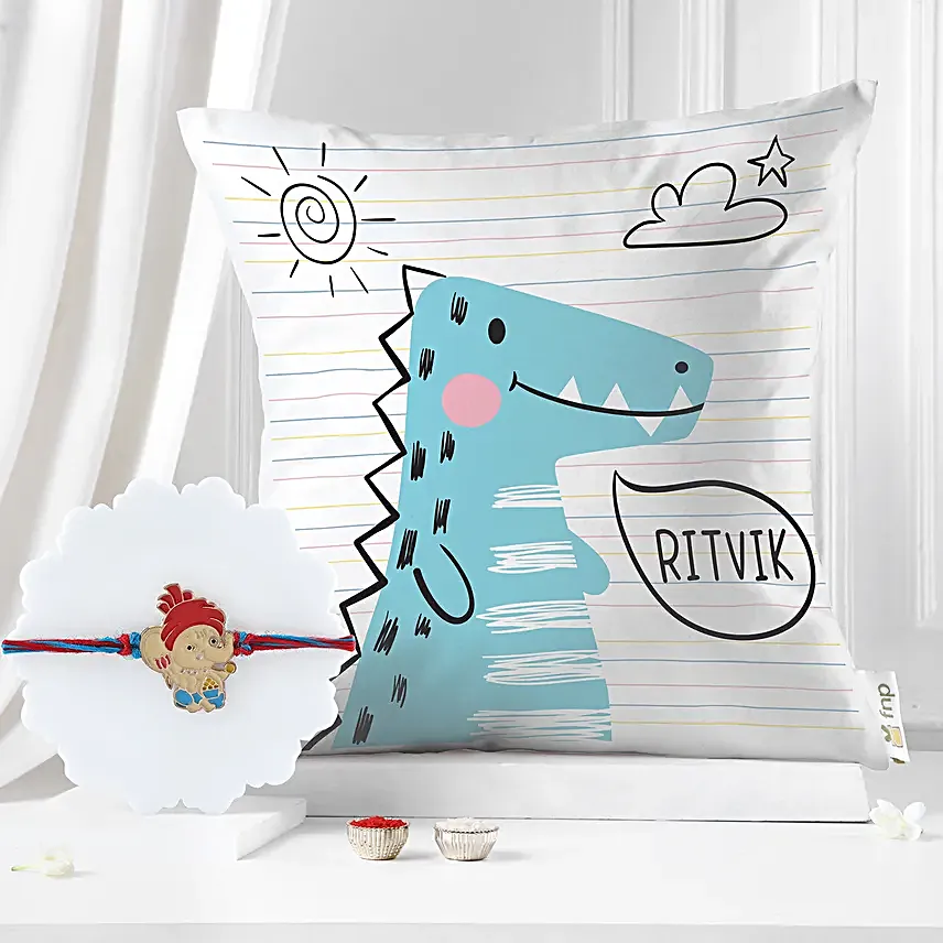 Cute Bal Ganesha Rakhi N Personalised Pillow Duo