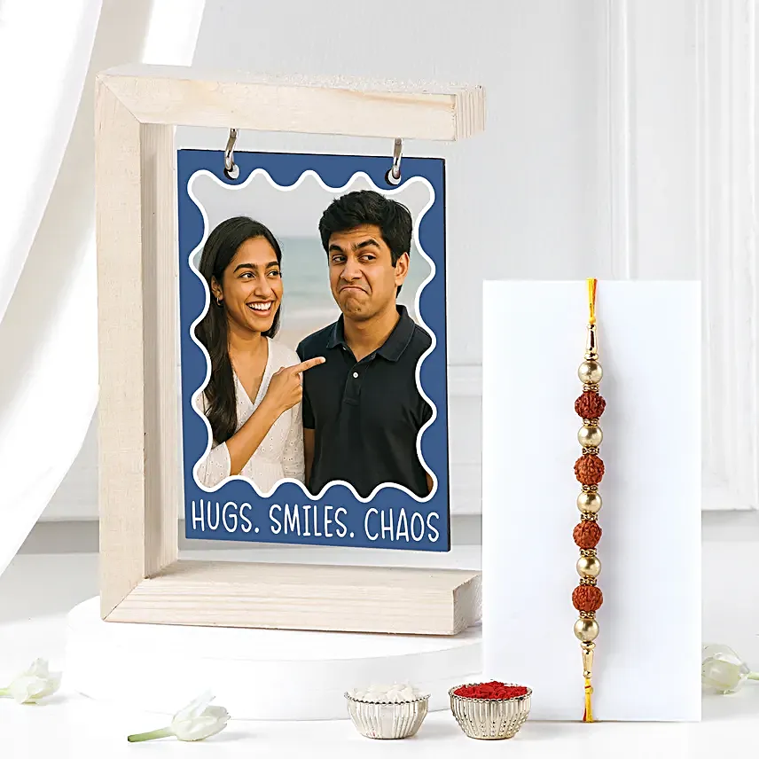 Devotional Rudrakash Rakhi with Custom Photo Frame