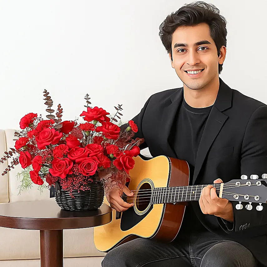 Romantic Red Floral Basket with Live Guitarist Surprise