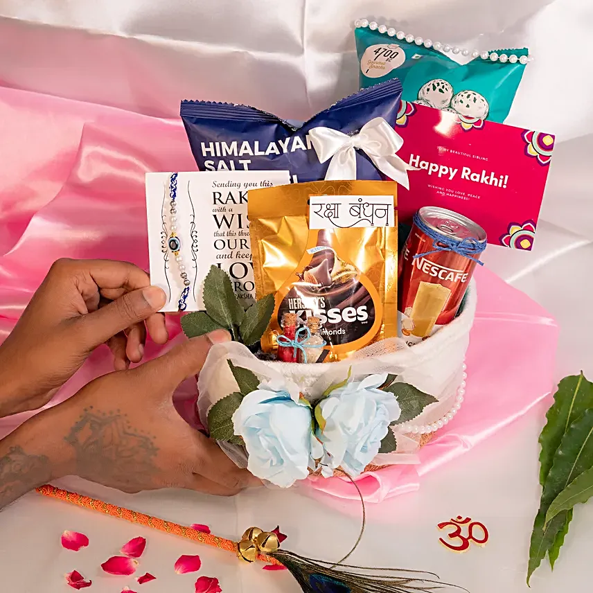 Custom Rustic Rakhi Snack Basket with Coffee and Chocolates