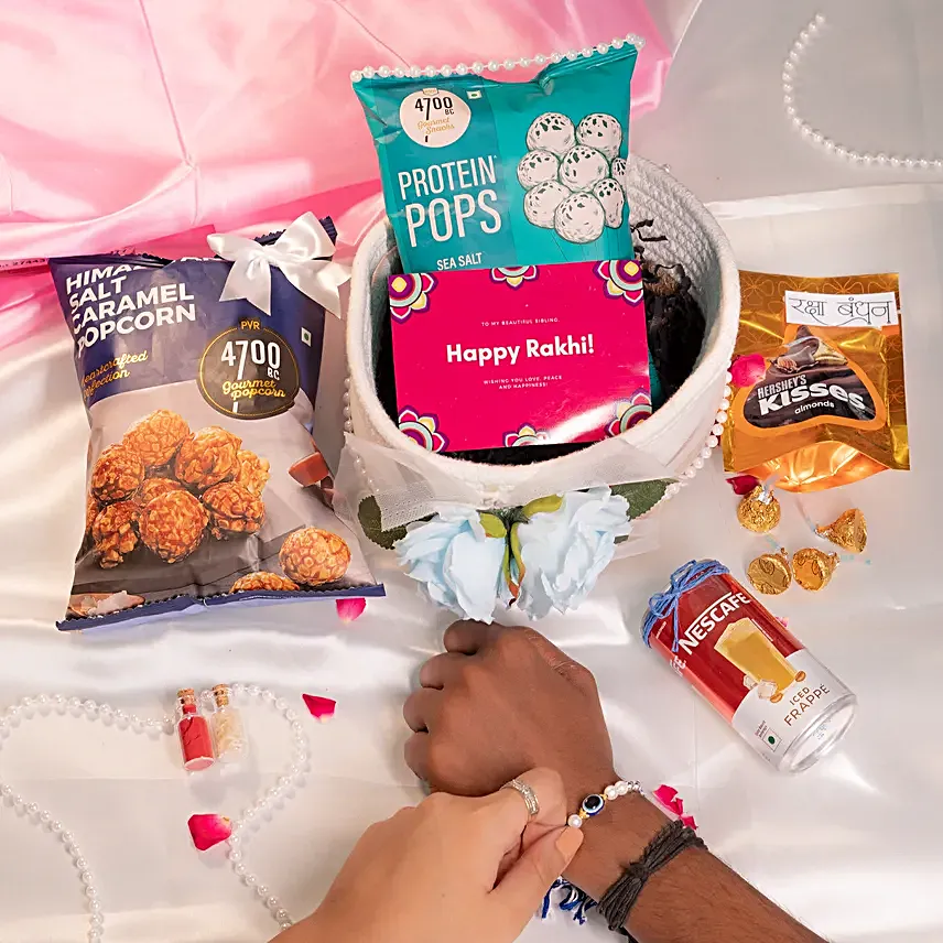Custom Rustic Rakhi Snack Basket with Coffee and Chocolates