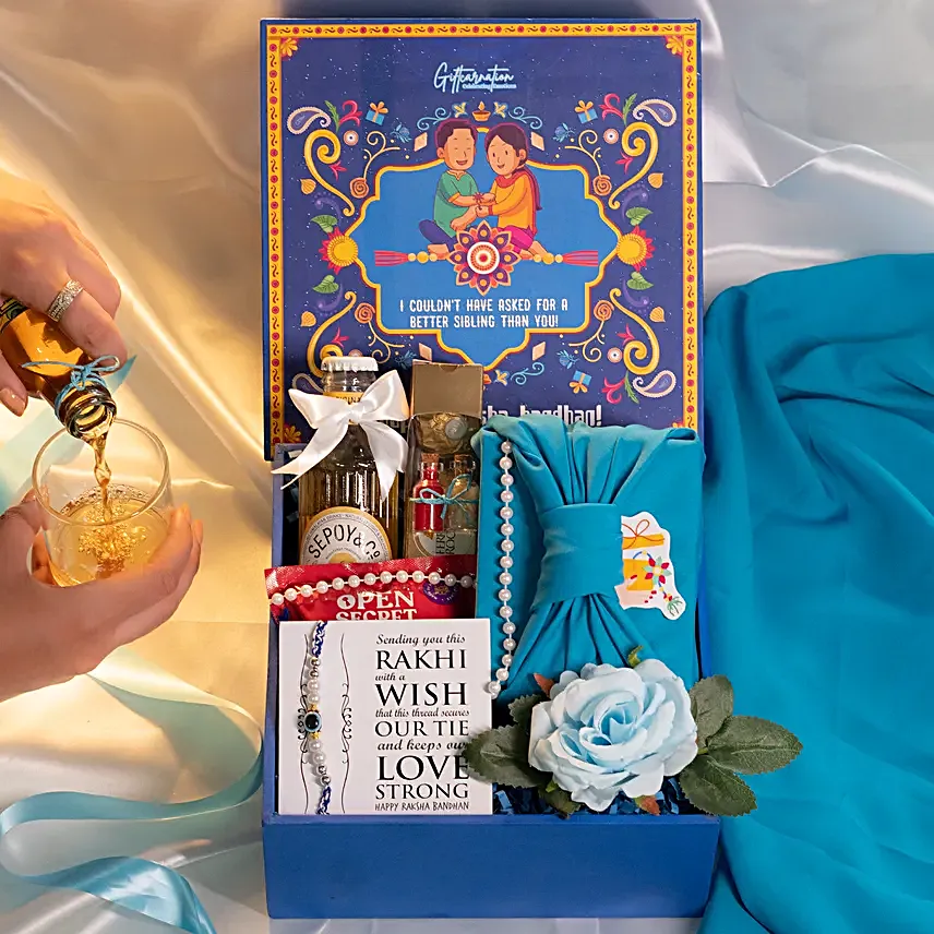 Indulgent personalsied Rakhi Box with Chocolates Dry Fruits and Ale