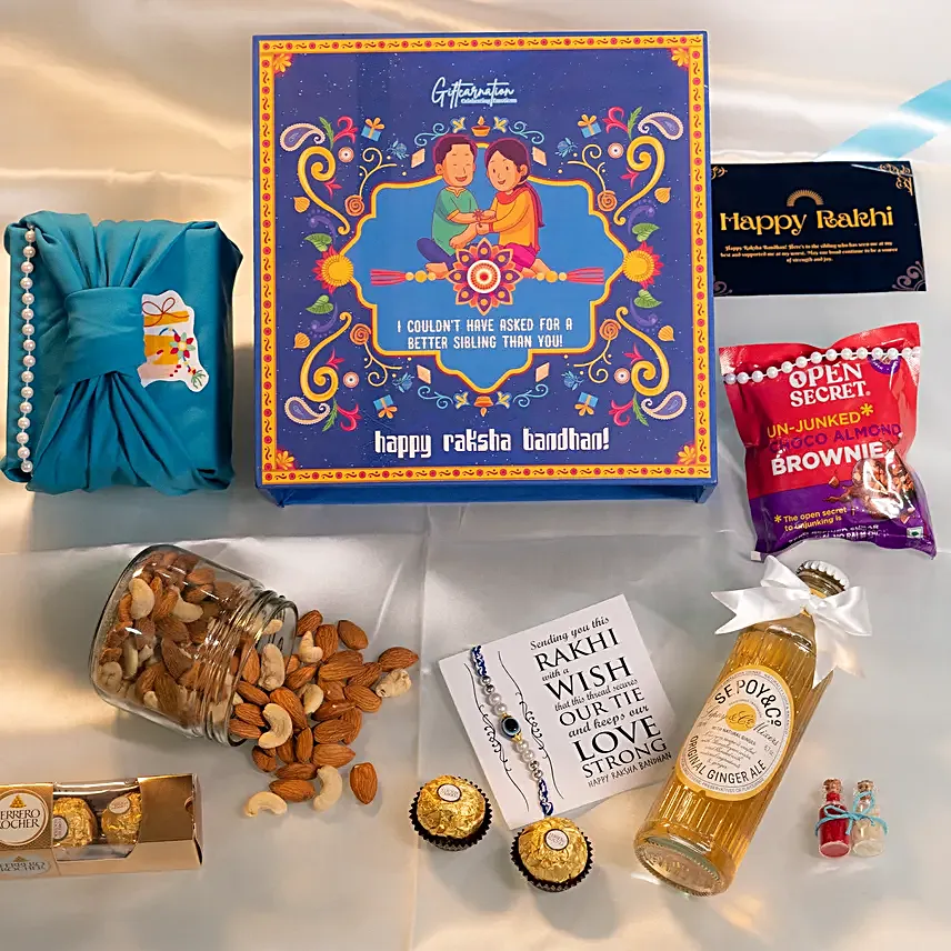 Indulgent personalsied Rakhi Box with Chocolates Dry Fruits and Ale