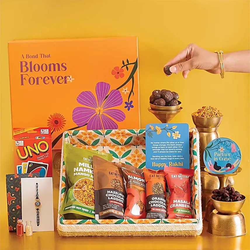 Good Vibes Rakhi N Snacks in Jute Tray