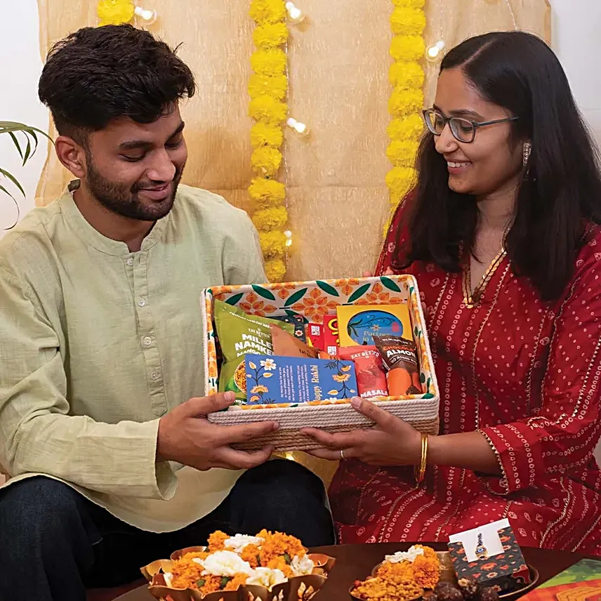 Good Vibes Rakhi N Snacks in Jute Tray