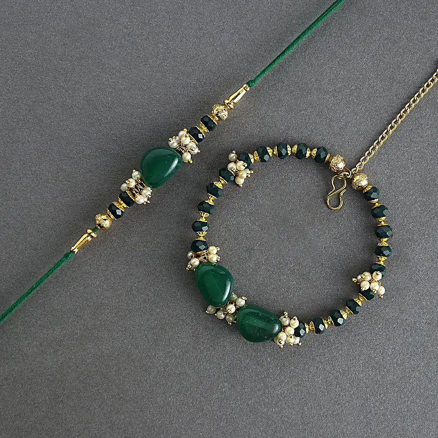 Enchanted Stone Work Lumba Pearl Rakhi Set N Sweet Treat