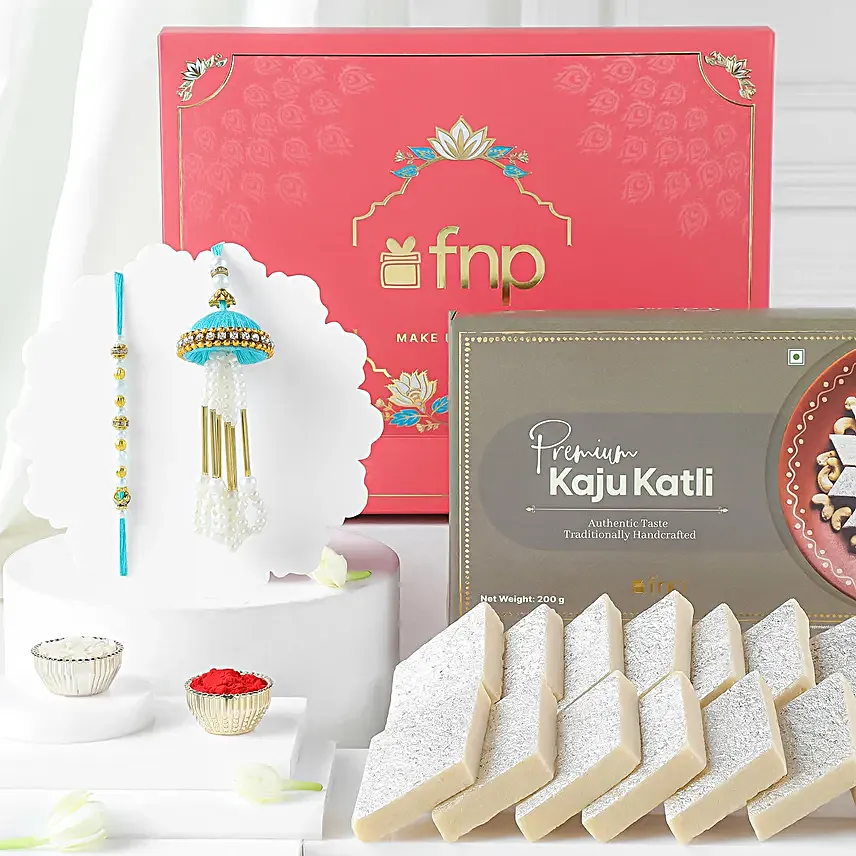 Tranquil Teal Jhumar Bhaiya Bhabhi Pearl Rakhi Set N Kaju Katli Delight