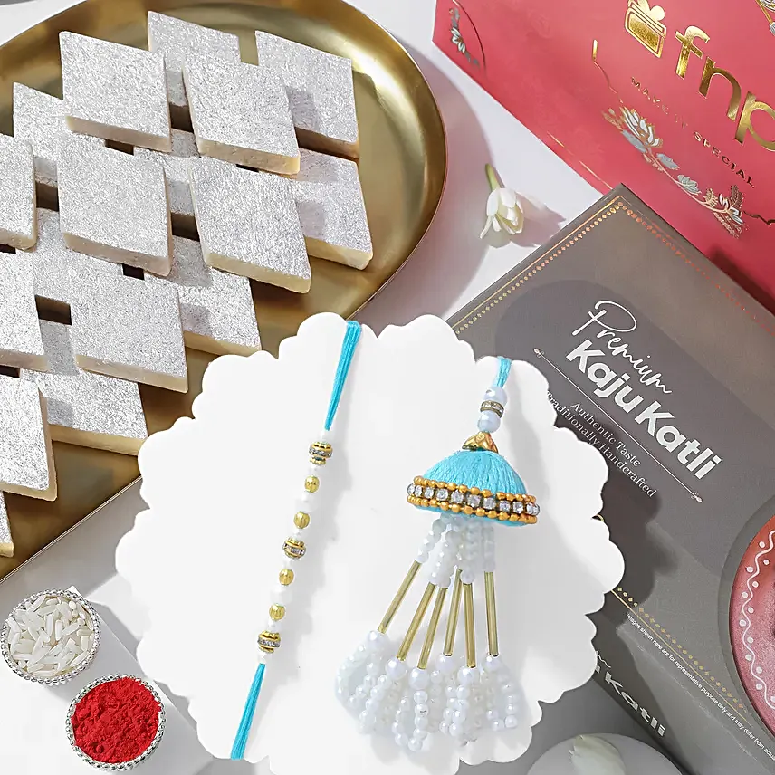 Tranquil Teal Jhumar Bhaiya Bhabhi Pearl Rakhi Set N Kaju Katli Delight