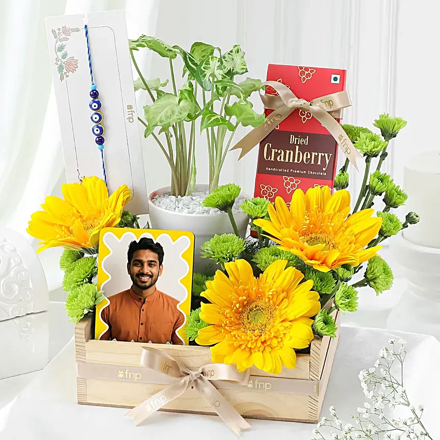 Golden Greens Rakhi Hamper with Florals N Evil Eye