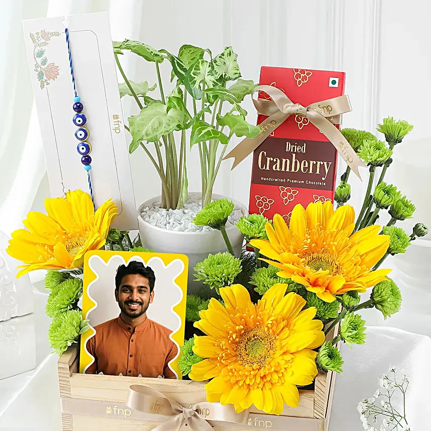 Golden Greens Rakhi Hamper with Florals N Evil Eye
