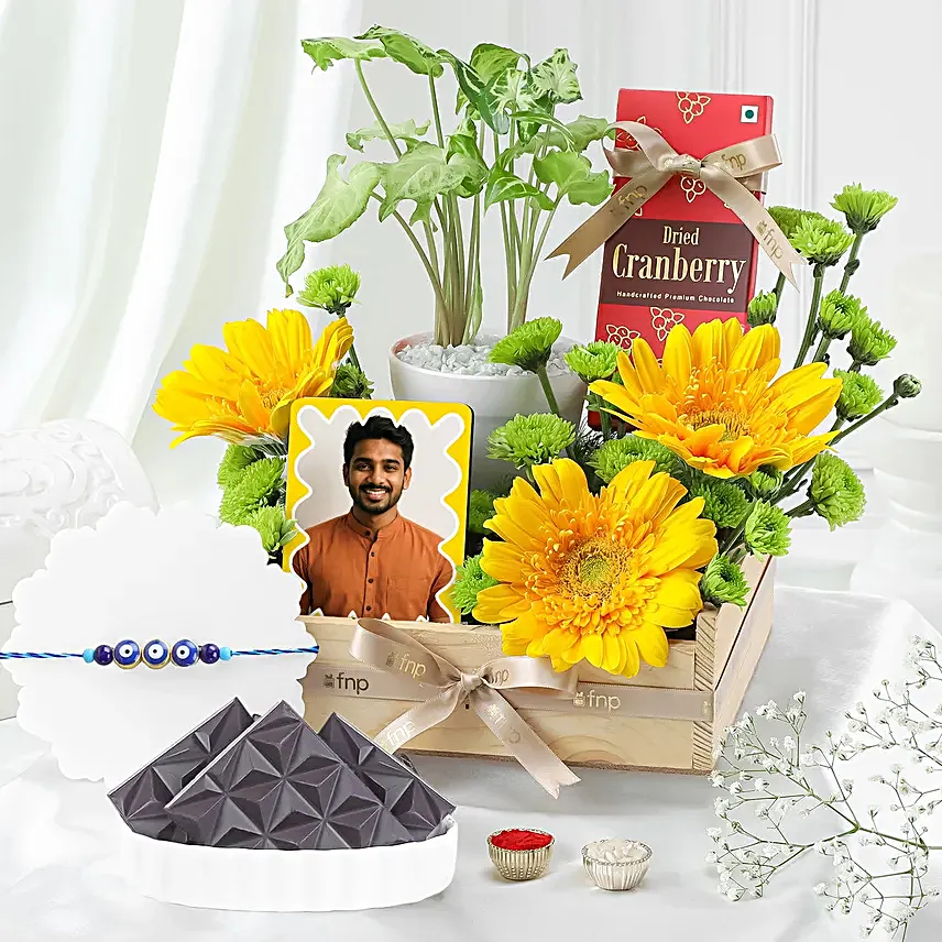 Golden Greens Rakhi Hamper with Florals N Evil Eye