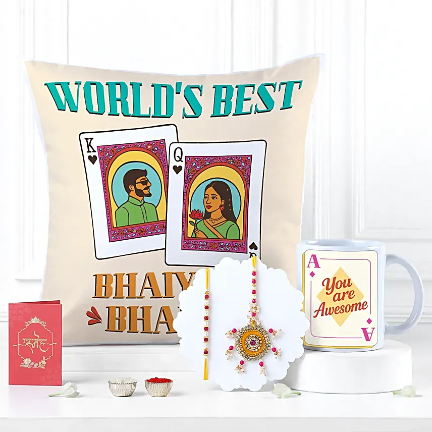 Bhaiya Bhabhi Rakhi Gift with Cushion N Mug