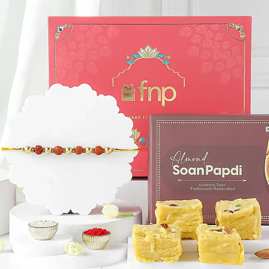Celestial Charms Rudraksha Rakhi N Almond Soan Papdi Gift Set