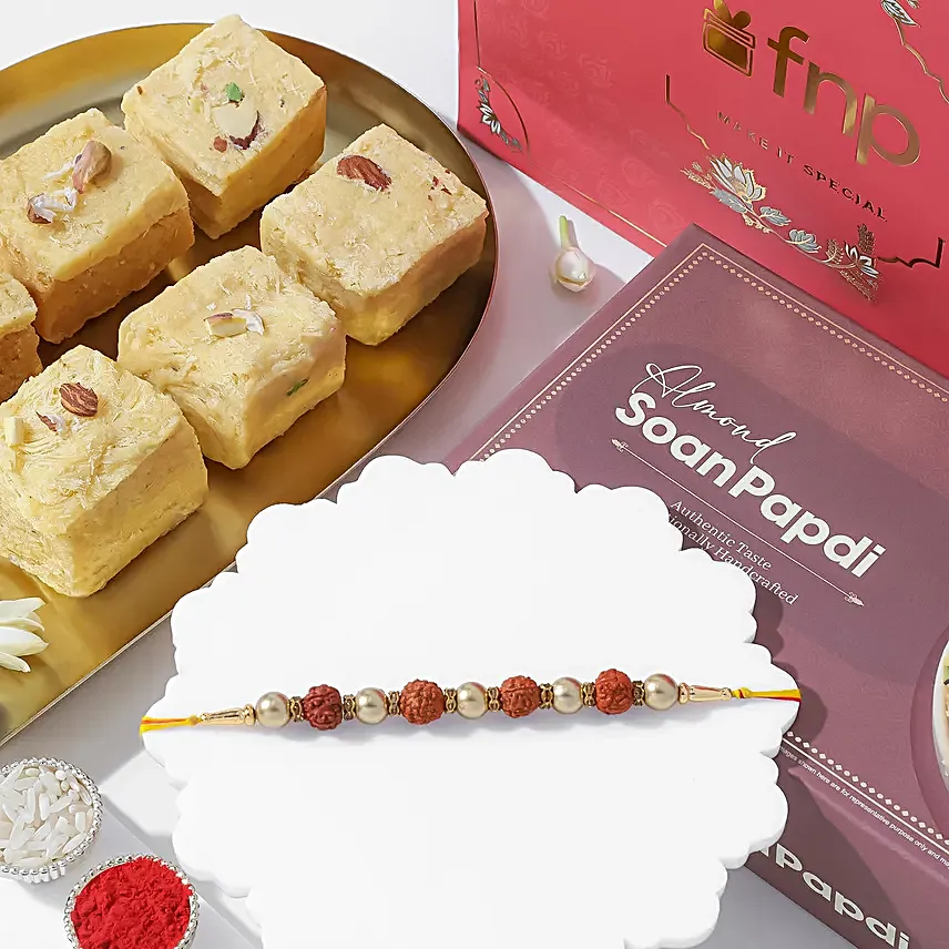 Celestial Charms Rudraksha Rakhi N Almond Soan Papdi Gift Set