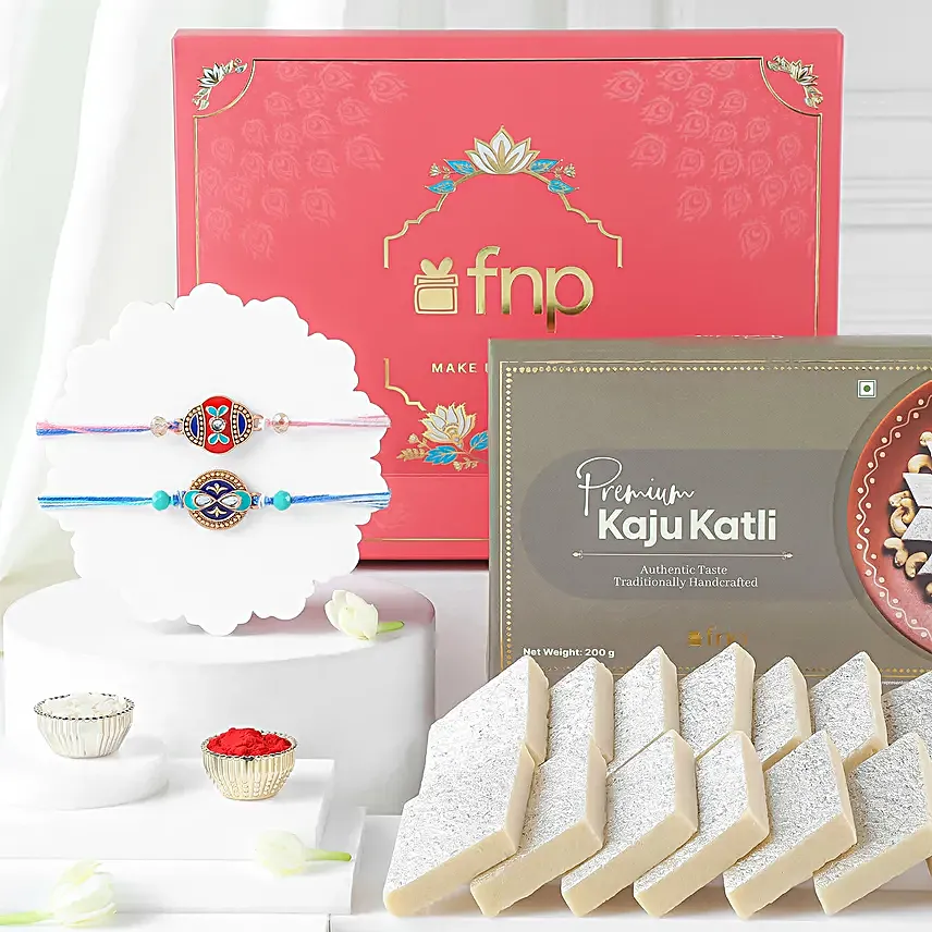 Cultural Charm Ethnic Rakhi Set of 2 N Kesar Kaju Katli Goodness