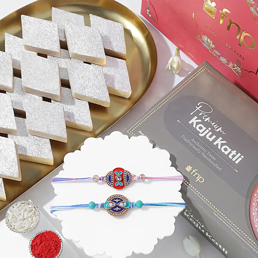 Cultural Charm Ethnic Rakhi Set of 2 N Kesar Kaju Katli Goodness