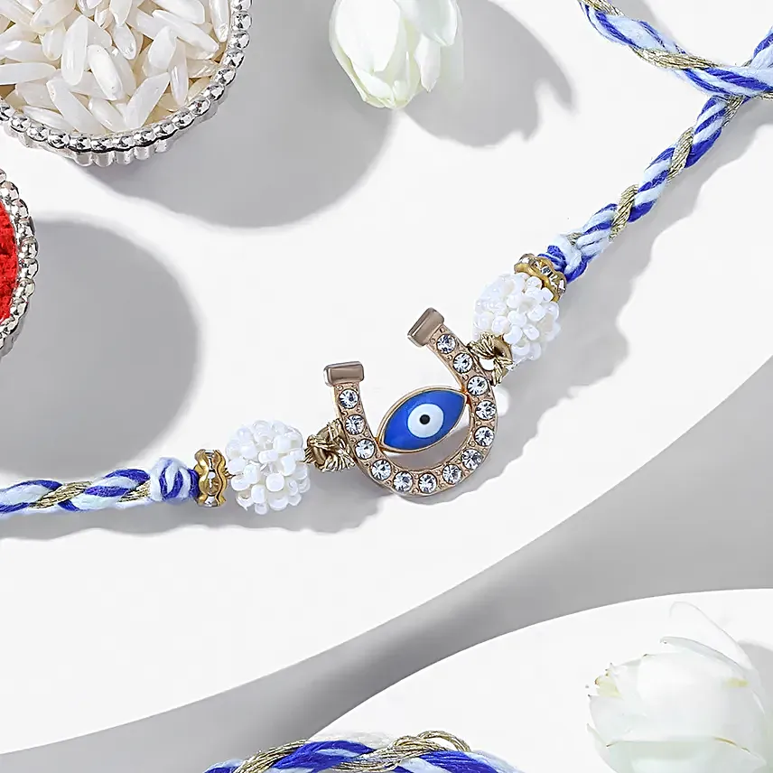 Evil Eye Rakhi Gift Box with Nuts and Besan Ladoo