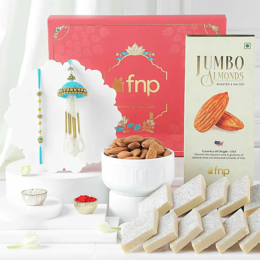 Tranquil Teal Jhumar Bhaiya Bhabhi Pearl Rakhi Set N Gourmet