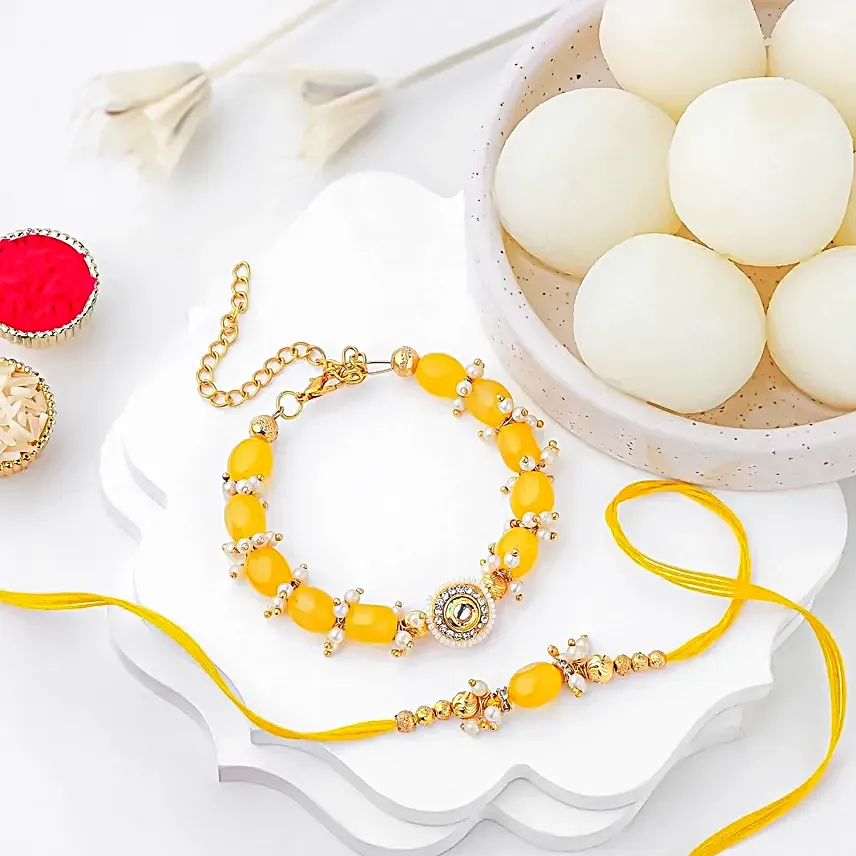 Sunkissed Stone Work Lumba Pearl Rakhi Combo N Rasgulla Treat