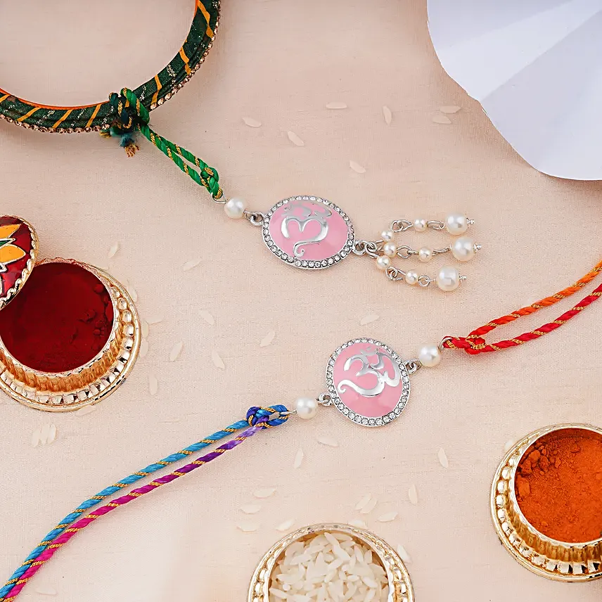Pink Om Bhaiya Bhabhi Rakhi Set with Pearls